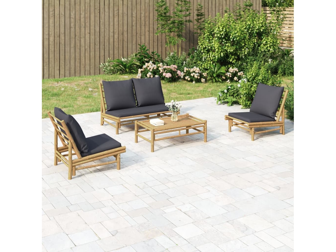 Conjunto de jardín de bambú de 4 piezas con cojines gris oscuro DKD Home Decor