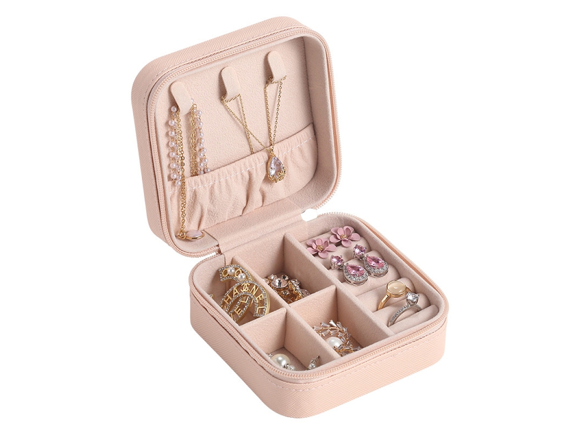 Estuche para guardar joyas, mini estuche de viaje con exterior de piel sintética y cremallera, organizador de joyas portátil con forro de terciopelo suave y