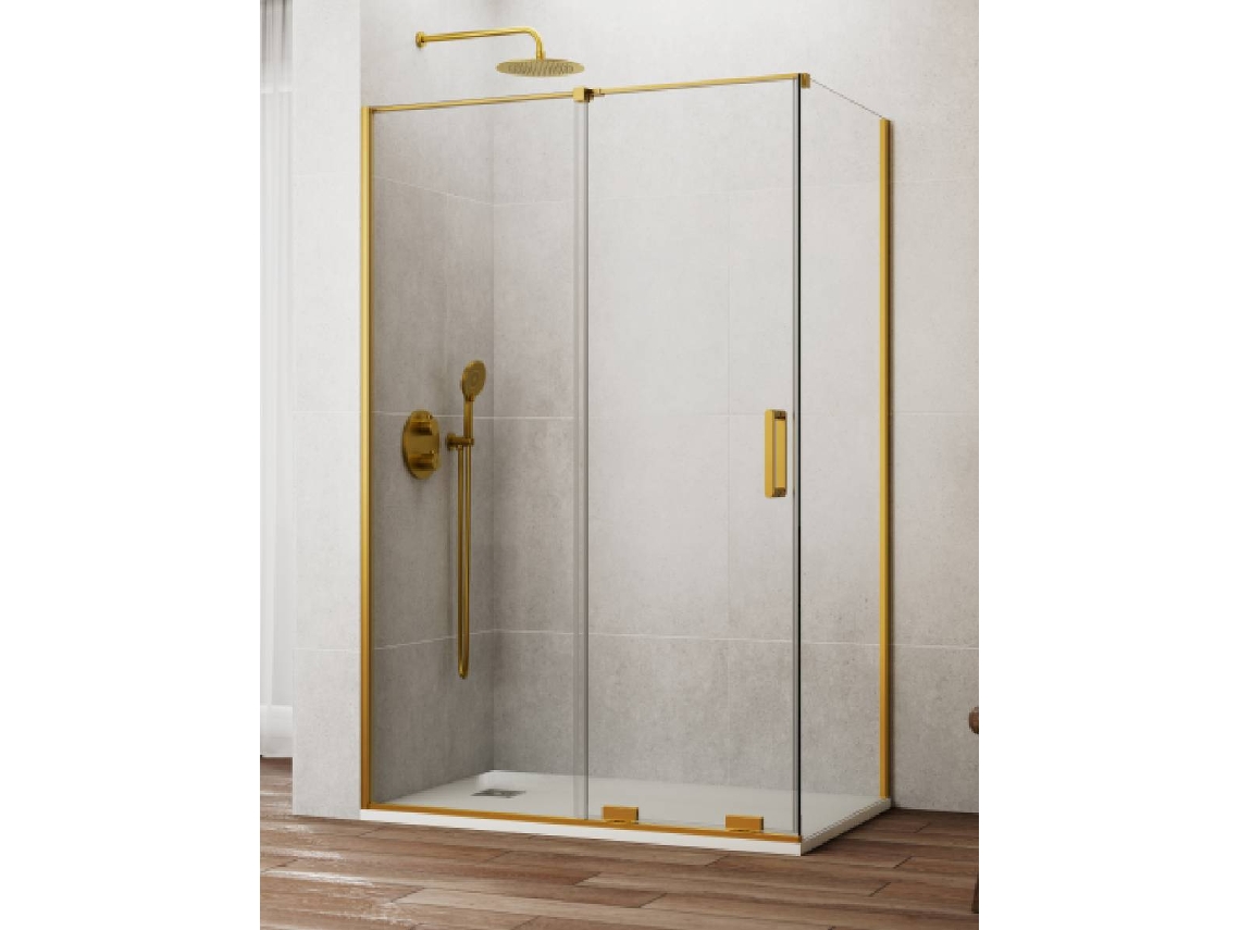 Mampara de ducha Cirene (Kenna) 1+1 con panel lateral fijo de 180x75 cm y barra paralela dorada.