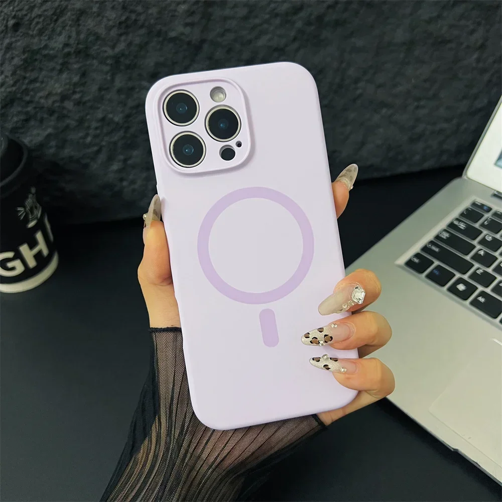 (iphone 14, Morado Claro) Funda Protectora Magnética De Silicona Líquida Magsafe Para Iphone, Protección De Lente.