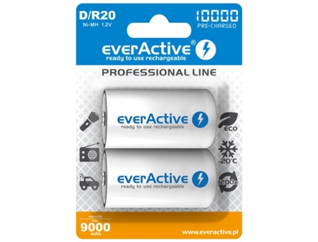 Juego de 2 Pilas Recargables EVERACTIVE R20/D 10000 mAh pre-cargo