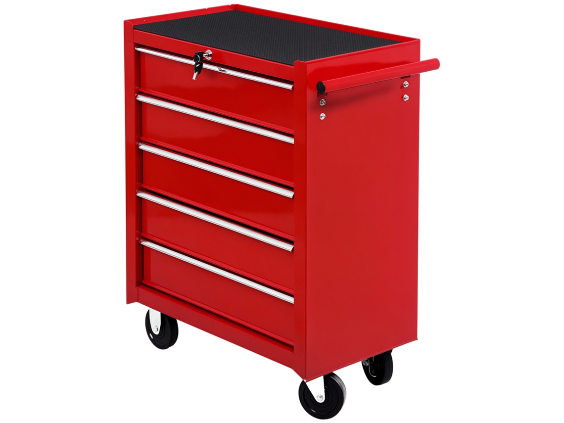 Carro De Taller De Acero Con 5 Cajones Y Ruedas, Color Rojo.