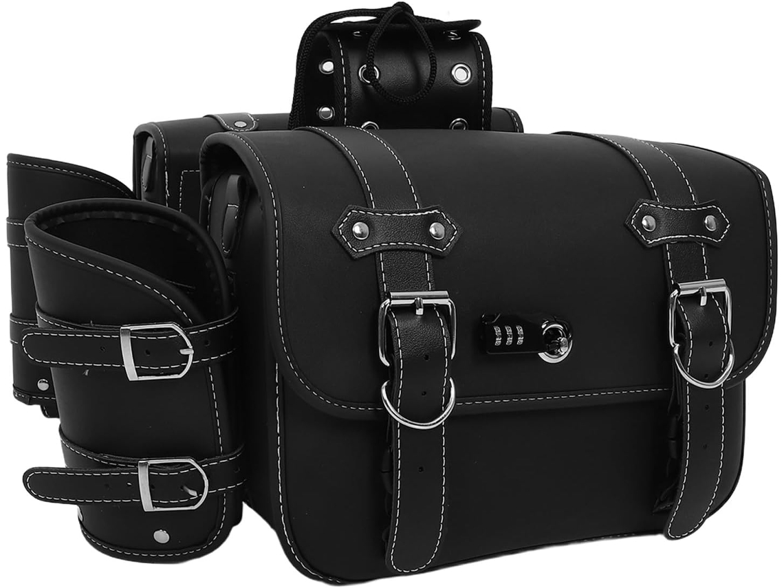 Bolsa lateral de cuero negro para motocicleta y bicicleta.