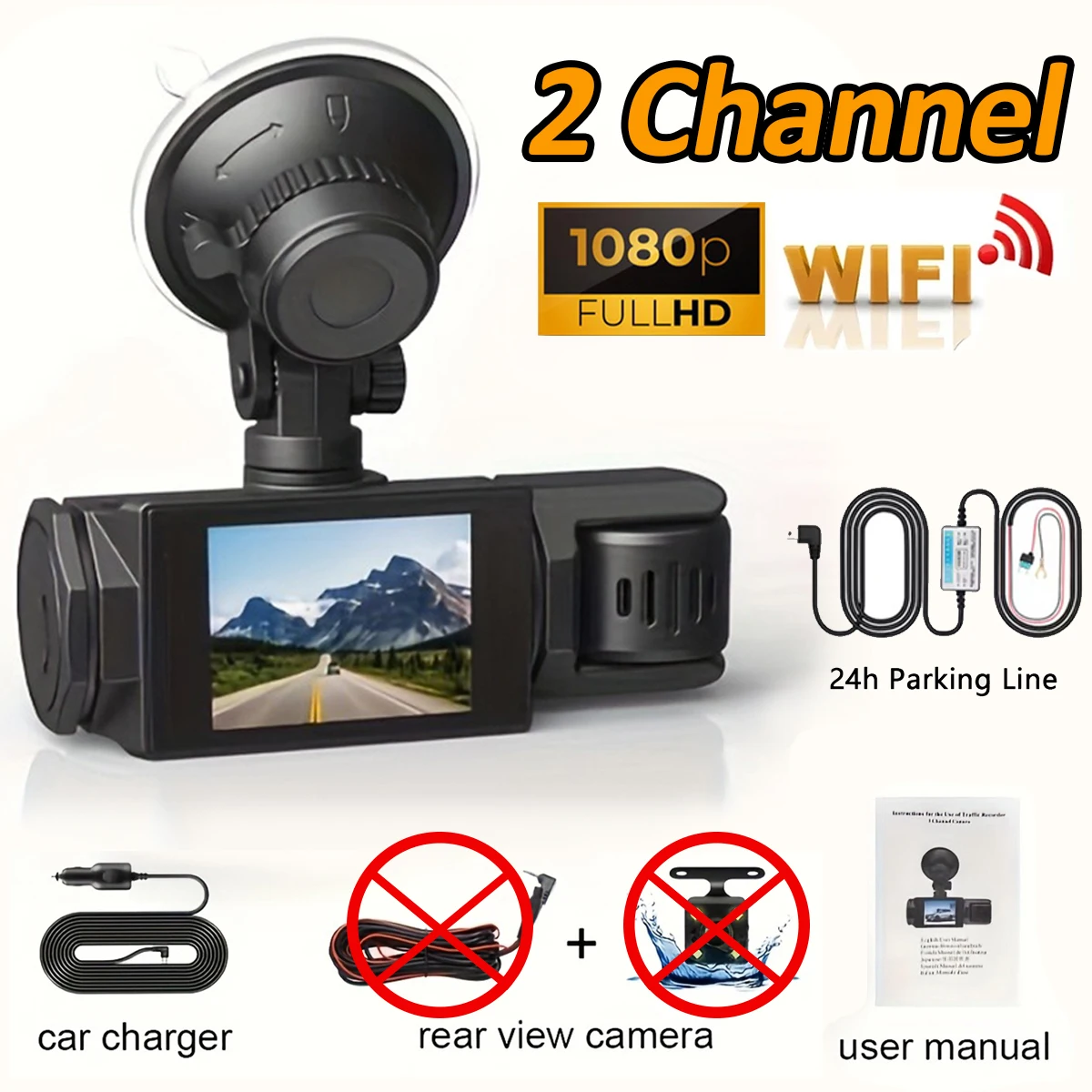 (Tarjeta SD de 64 GB, kit de instalación con cable de 2 canales) Cámara para vehículo, compatible con Wi-Fi, visión nocturna HD de 1080p