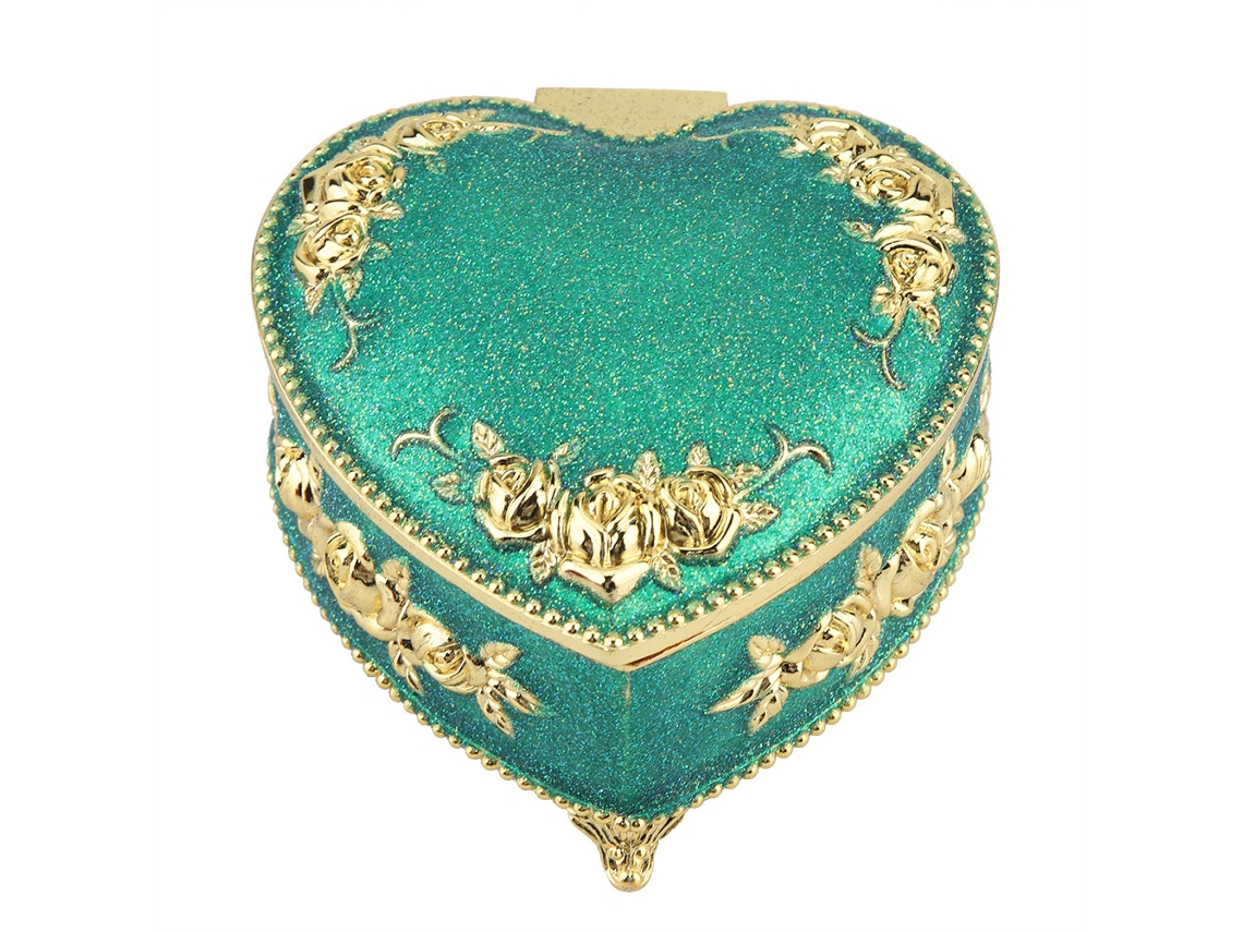 Caja de almacenamiento verde antigua con forma de corazón, hecha a mano.