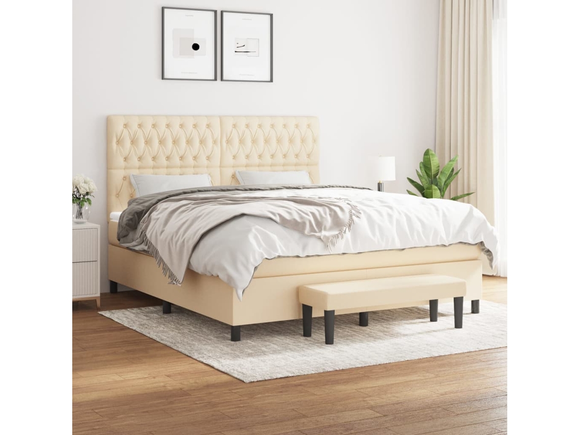 Cama Box Spring Con Colchón Tela Color Crema 180x200 Cm