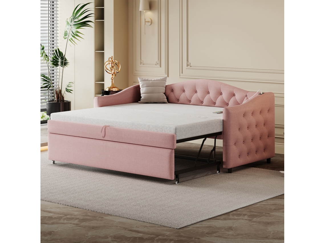 Sofá Cama Tapizado, 90x200 Cm, Con Puerto Usb, Forma Clásica Con Botones Con Somier, - Cama De Invitados, Rosa, Sin Colchón