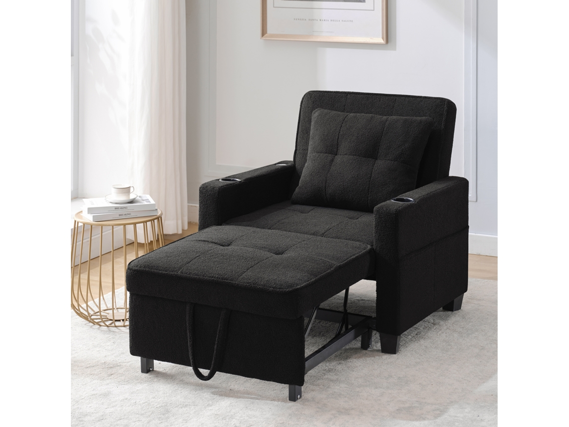 Sofá Cama 1 Plaza - 3 En 1, Con Portavasos Y Puerto Usb, Sofá Reclinable Y Sillón - Negro