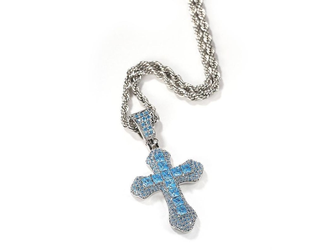 2026-colgante De Cruz De Circón Azul Moda Hip Hop Diamante Cadena Versátil Acero Inoxidable Para Hombres Adultos Cku