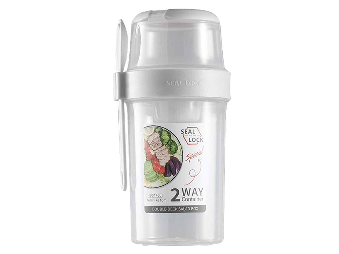 JILLIOPER Recipiente portátil para ensaladas, vaso mezclador con múltiples compartimentos y cuchara, separación de ingredientes húmedos y secos para conservar l