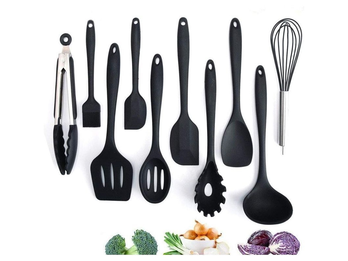 2026da-set Utensilios Cocina Silicona Resistente Al Calor 445°f, 10 Piezas: Batidor, Pinzas, Espátula, Cuchara, Tenedor Pasta (negro)