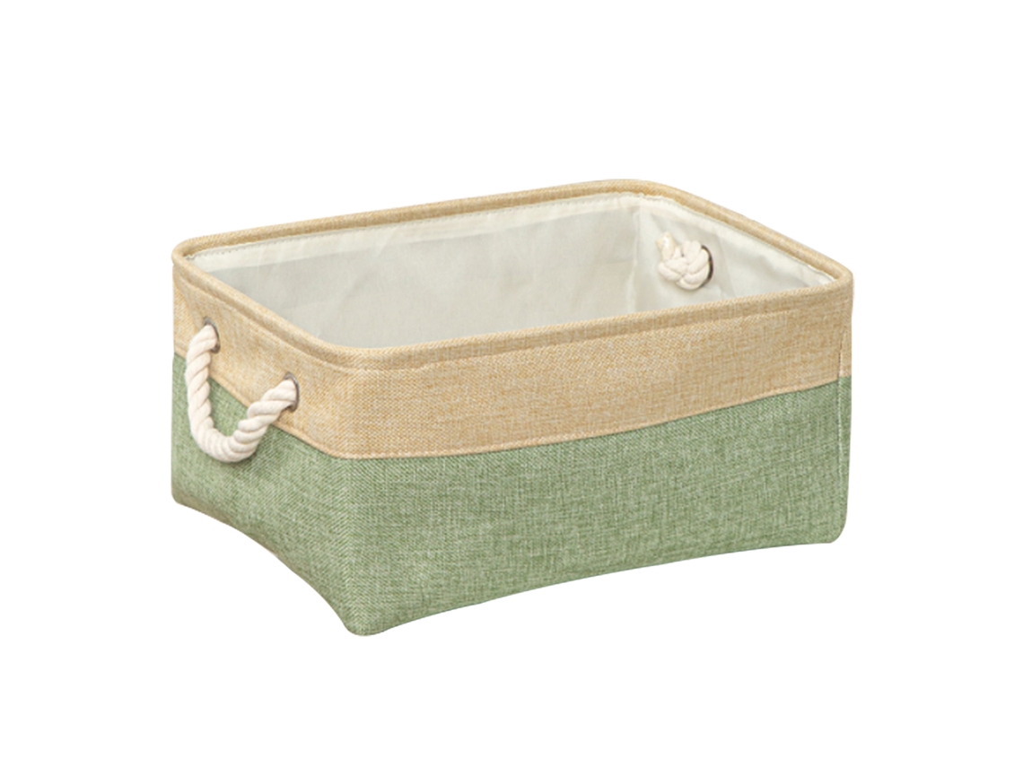 Cesta Plegable De Algodón Y Lino Con Asas Para Guardar Ropa Y Juguetes, Color Verde Y Beige, 41x32x20 Cm.