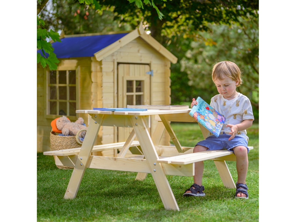 Mesa De Picnic Infantil - 90x90xa50 Cm -para Exterior O Interior- Set Infantil De Mesa Y Bancos De Madera Timbela M018-1