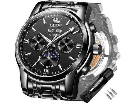 VEANXIN Reloj mecánico automático Tourbillon de acero inoxidable resistente al agua con fecha luminosa para hombre(negro)