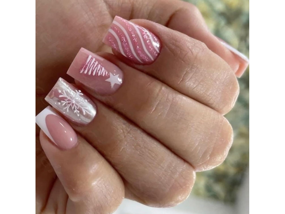 24 uñas postizas blancas no tóxicas con diseño de copo de nieve para pieles sensibles, estilo francés, diseño navideño.