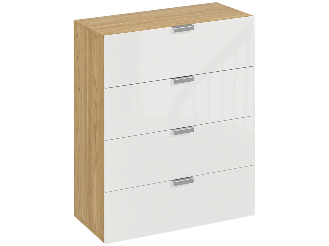 Cómoda De Madera Con 4 Cajones, Acabado Blanco Natural Brillante.