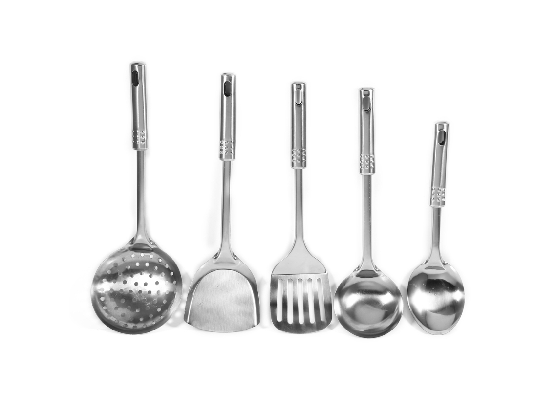 Juego De 5 Utensilios De Cocina De Acero Inoxidable: Cuchara, Espátula Y Herramientas De Cocina.