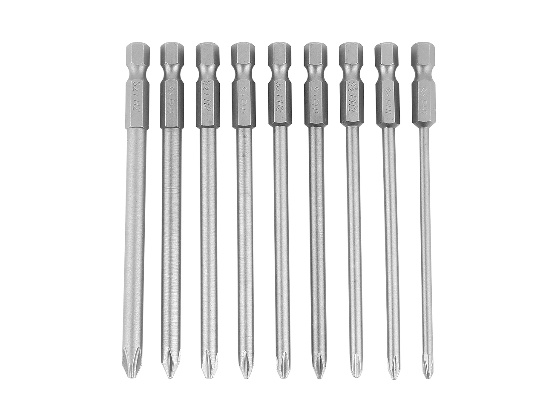 Conjunto de 9 Chaves Phillips Ph1 Ph2 Aço S2 Cabo Hexagonal 1/4 Polegada 100mm