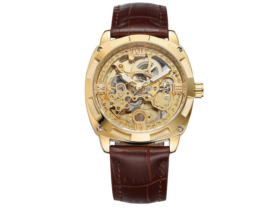 Reloj Mecánico Automático De Moda Para Hombre Con Correa Ajustable De Piel Sintética (dorado + Marrón Dorado)
