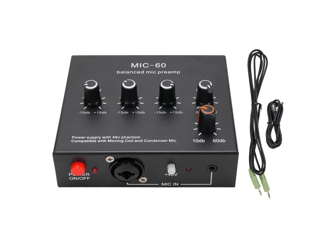 Preamplificador De Micrófono Con Fuente De Alimentación De 48 V, Aumento De Ganancia De 60 Db, Entradas/salidas Xlr De 3,5 Mm Y 6,35 Mm.