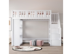 Cama Alta 90x200 Cm - Escalera Almacenamiento, Multifuncional Grandes Compartimentos, Madera - Blanco