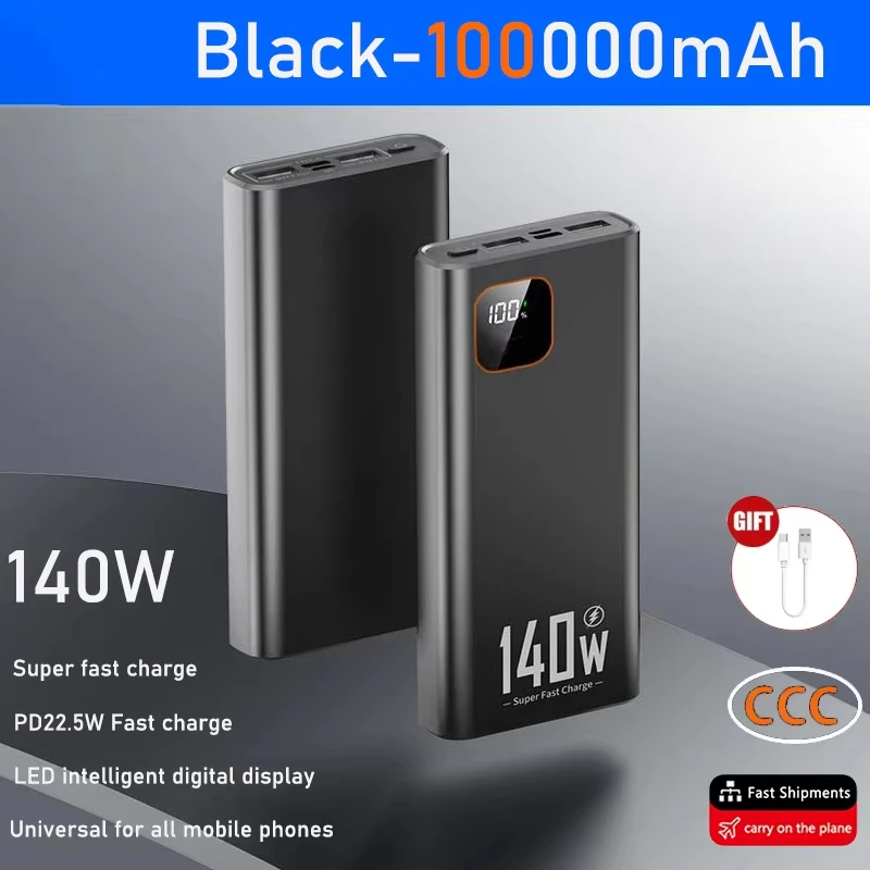 (negro 100000 Mah) Banco De Energía De Alta Capacidad De 140 W, Admite Carga Súper Rápida Pd 22,5 W.