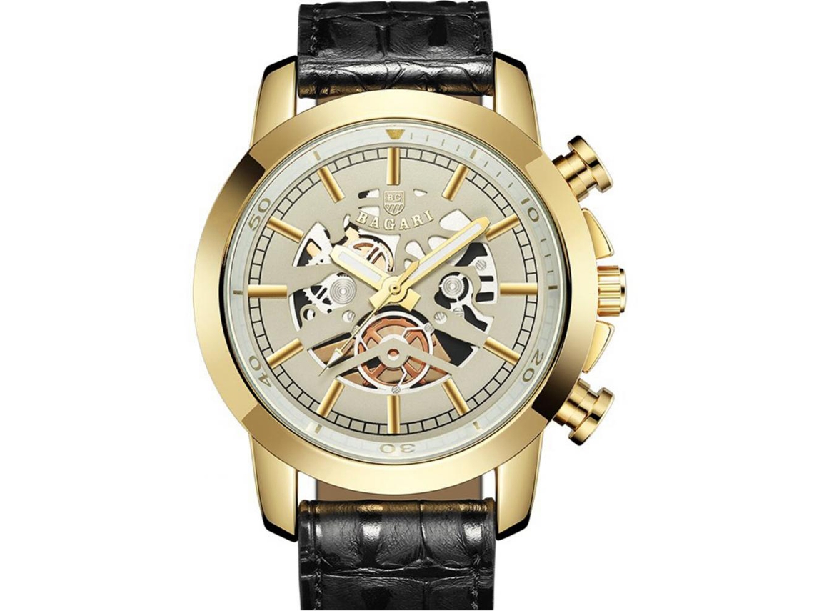 Reloj De Pulsera De Cuarzo Resistente Al Agua Con Correa De Cuero Pu Hueca Para Hombre (oro Negro)