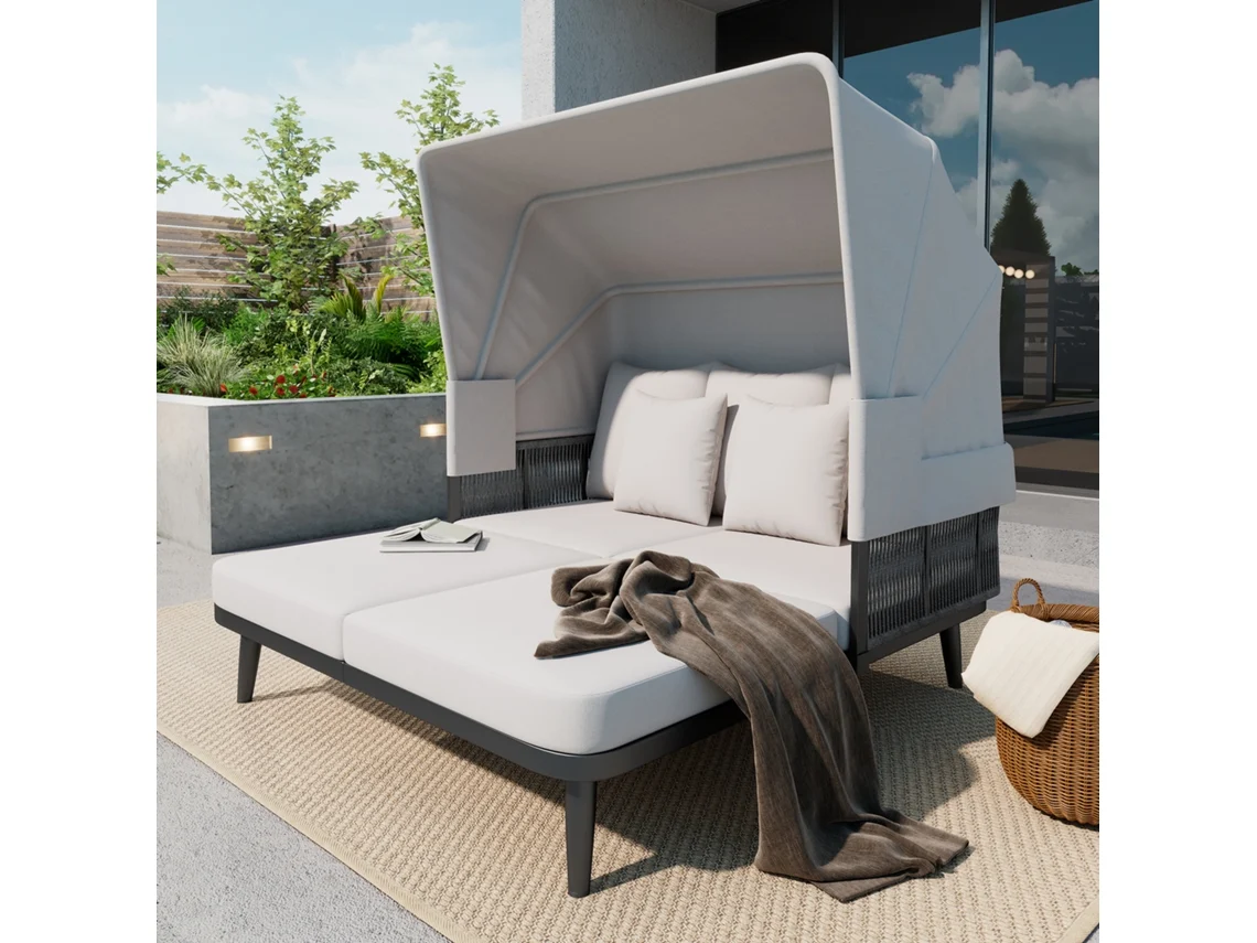 Conjunto De Muebles De Jardín Para 2 Personas, Silla De Playa, Toldo Retráctil.