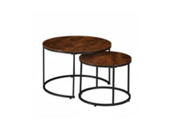 Juego de 2 mesas Relaxdays de madera y metal, diseño industrial, mesas auxiliares redondas para salón, marrón/negro.