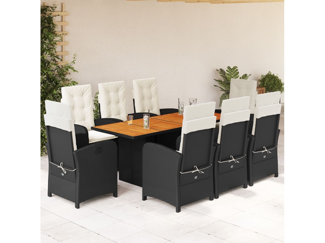 Juego de comedor de jardín de 9 piezas con cojines, mimbre sintético negro, DKD Home Decor