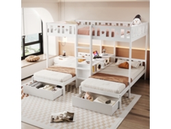 Cama Tipo Altillo De 140x200 Cm + Cama Baja De 90x200 Cm Con Escalera, Cajones Y Barandilla, Diseño De Estrella Y Luna.