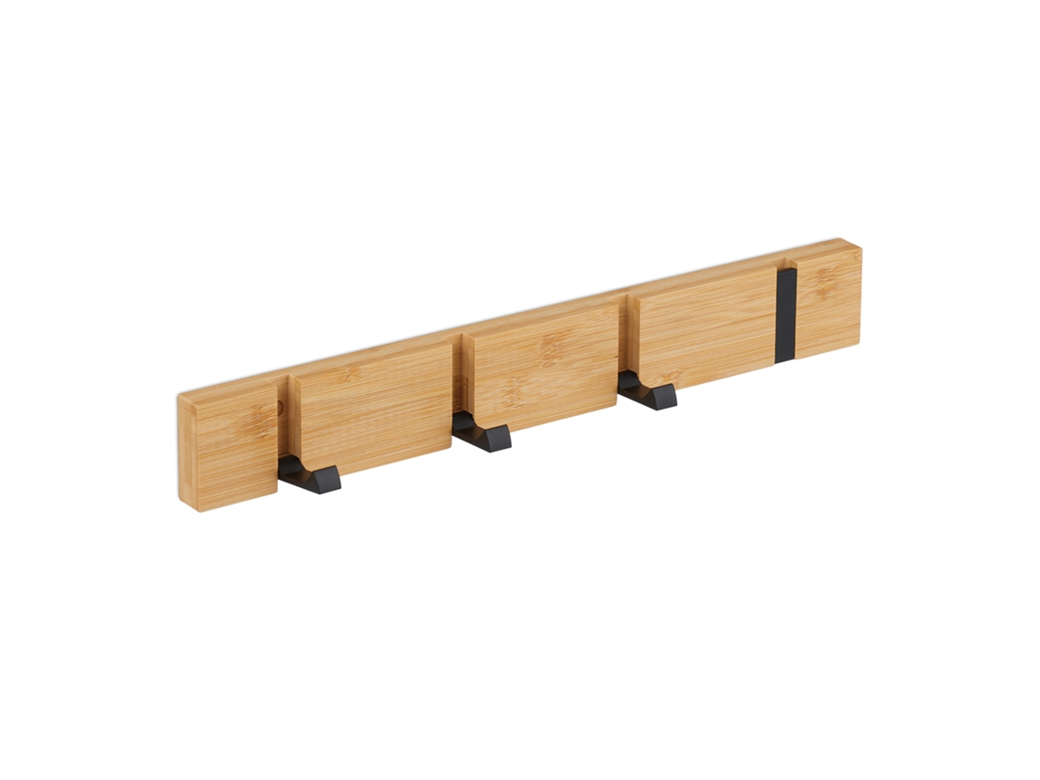 Relaxdays Perchero De Pared, 4 Ganchos Plegables, Bambú, Metal, Montar O Pegar, Pasillo, Colgador Abrigos, Negro/natural