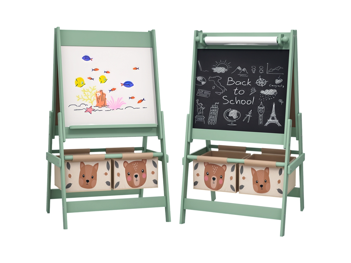 Caballete infantil 3 en 1 con soporte para rollo de papel higiénico, cuadrado negro, cuadrado blanco, cestas de almacenamiento, 54 x 46,5 x 93 cm, verde