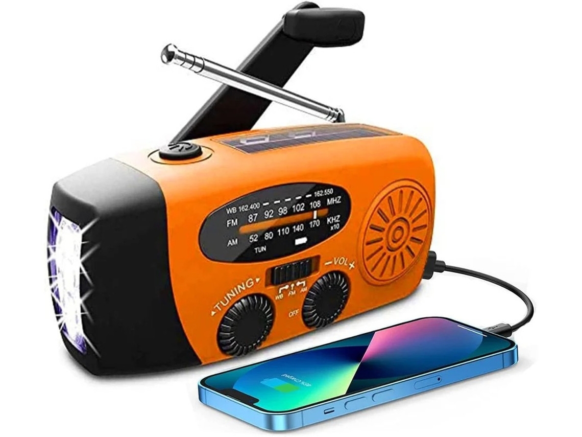 Radio meteorológica solar AM/FM de emergencia YIZHOOD con manivela y linterna LED (naranja)