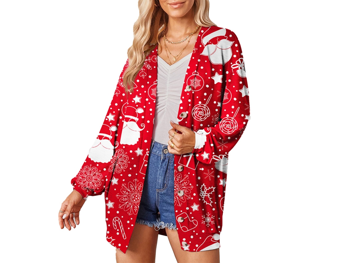 Rebe-chaqueta Cardigan De Mulher De Um Botão Com Estampa De Natal Manga Longa Casual Moda Vermelha Tamanho Xl