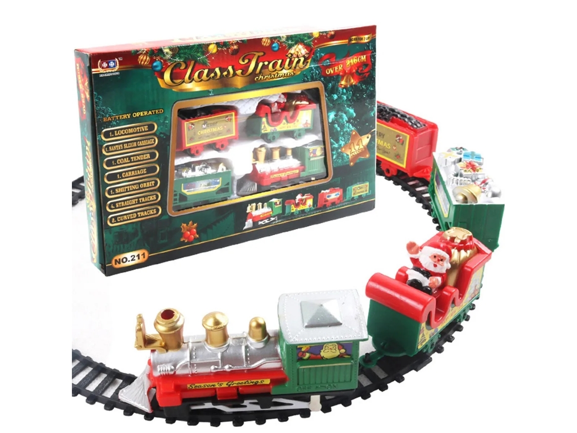 Tren eléctrico navideño con luces y efectos de sonido. Vías para armar. Mdug