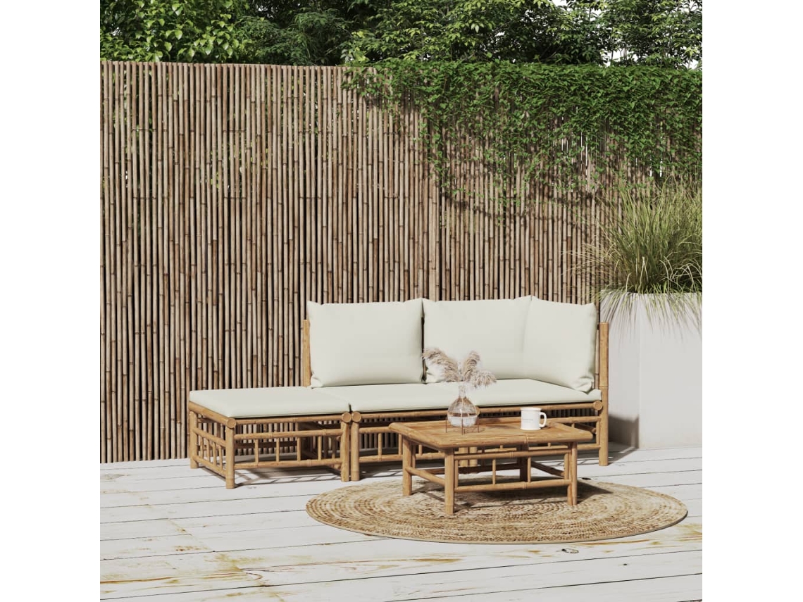Conjunto de jardín de bambú de 3 piezas con cojines en blanco crema, Dkd Home Decor