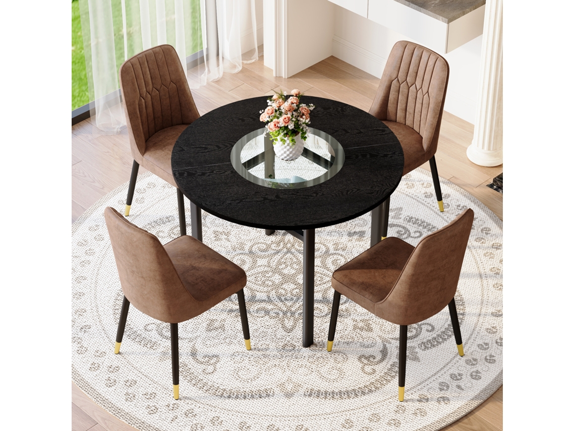 Mesa Redonda Minimalista 100 Cm En Estilo Madera Negra, Con 4 Sillas En Tela Tech Marrón, Ideal Para Sala De Estar.