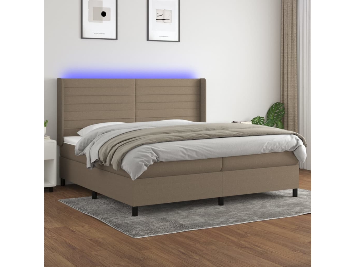 Cama Box Spring Colchón Y Luces Led Tela Gris Taupe 200x200 Cm