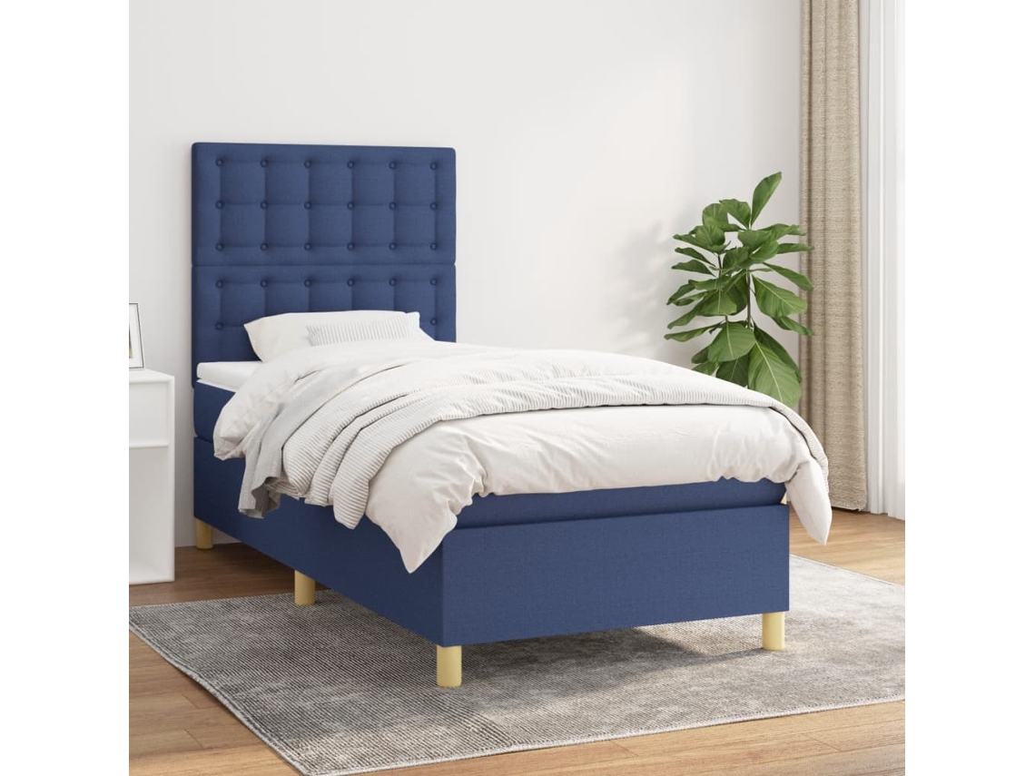 Cama Box Spring Con Colchón Tela Azul 90x190 Cm