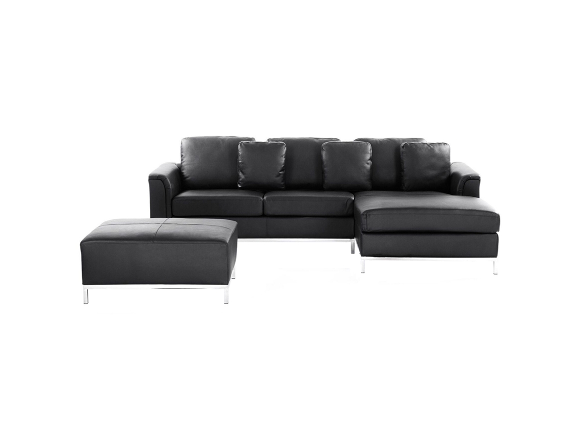 Sofá esquinero (I) con reposapiés BELIANI Oslo de Piel Negro 270x151x64