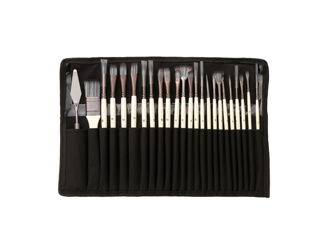 RNEMITERY Set de 24 Piezas Pinceles y Espátulas para Pintura, con Bolsa de Tela, para Acrílico, Óleo, Acuarela y Gouache, Multitamaño