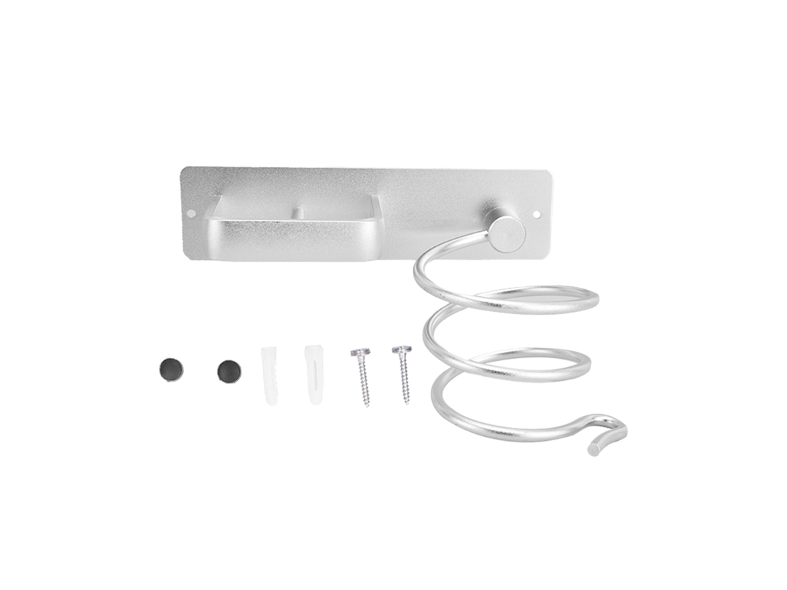Soporte de pared de aluminio blanco para secador de pelo en el baño.