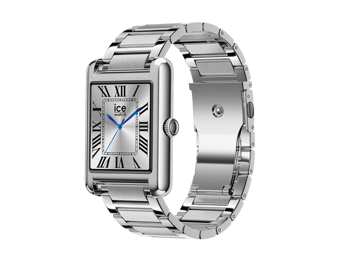 Reloj inteligente rectangular Ice Smart TK 2.0 con correa de acero inoxidable plateada.