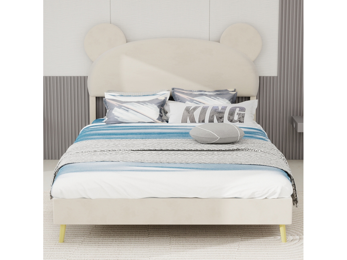 Cama Infantil De 140x200 Con Cabecero Moderno Color Beige.