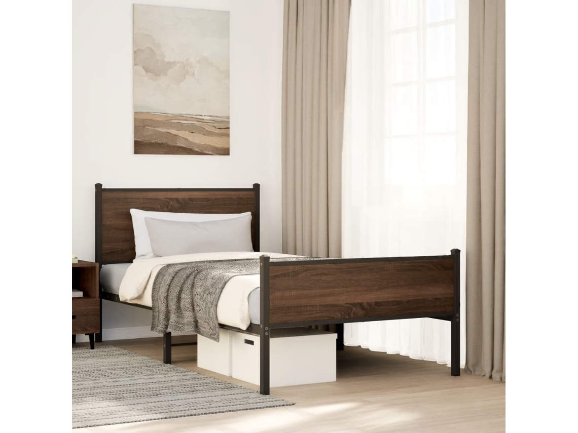 Estructura De Cama Sin Colchón Metal Marrón Roble 100x190 Cm