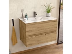Mueble de lavabo con lavabo cerámico, mueble montado con 2 cajones, 80 x 55 x 46 cm, acabado Roble Bellobath.