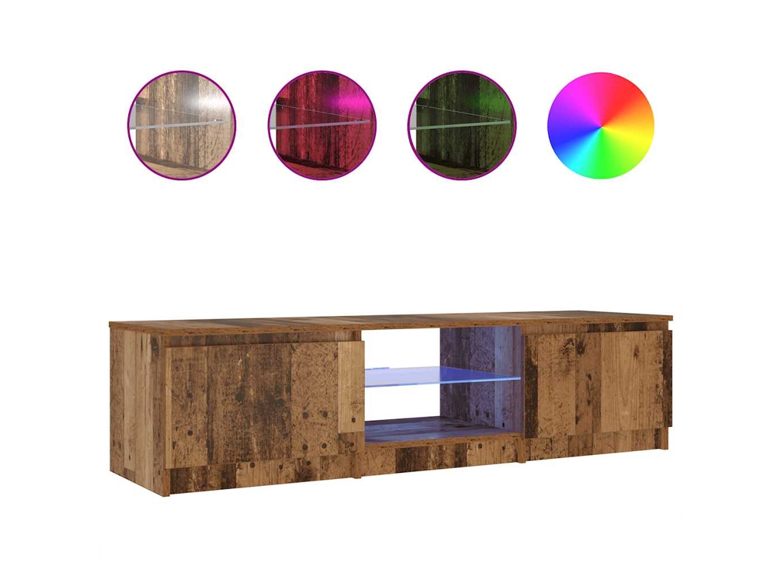 Mueble de TV con luces LED fabricado con madera recuperada.