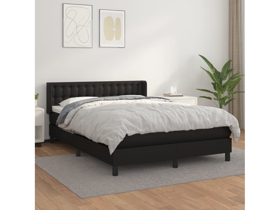 Cama Box Spring Con Colchón Cuero Sintético Negro 140x190 Cm