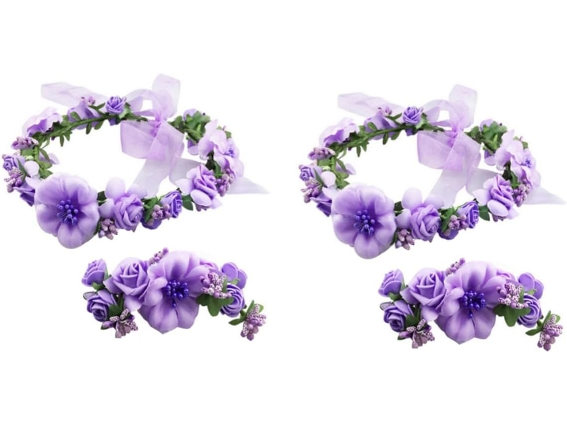 Conjunto De 4 Peças: Coroa De Flores Ajustável E Pulseira Floral Para Casamentos, Festivais E Festas - Acessórios